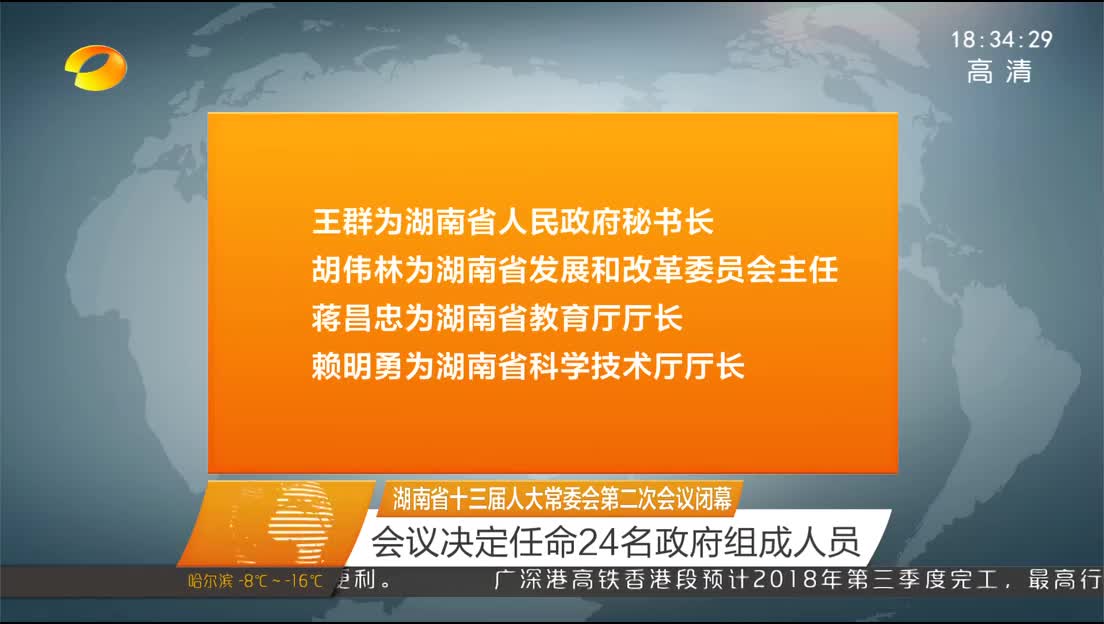 湖南省十三届人大常委会第二次会议闭幕 会议决定任命24名政府组成人员