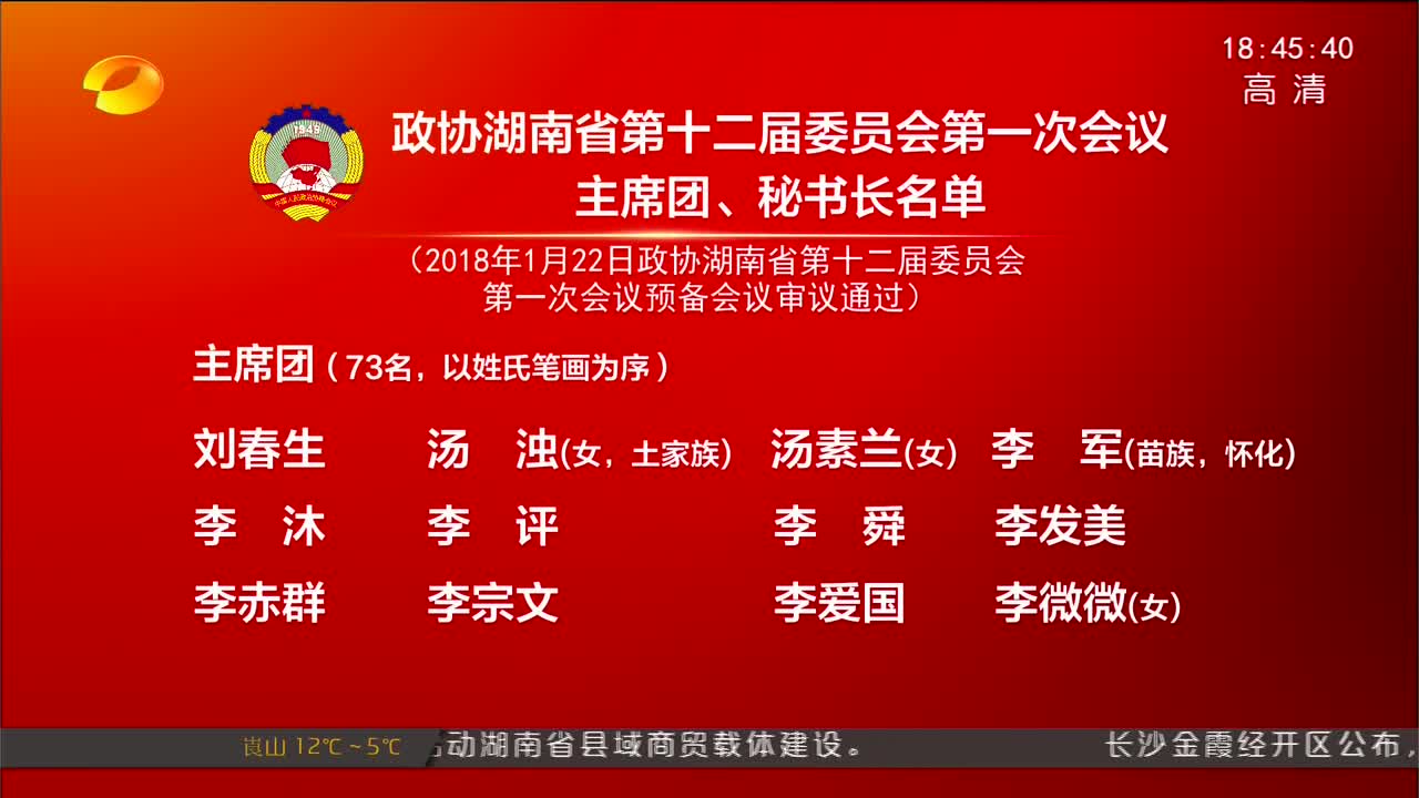 [奋斗吧 新湖南]政协湖南省第十二届委员会第一次会议主席团、秘书长名单