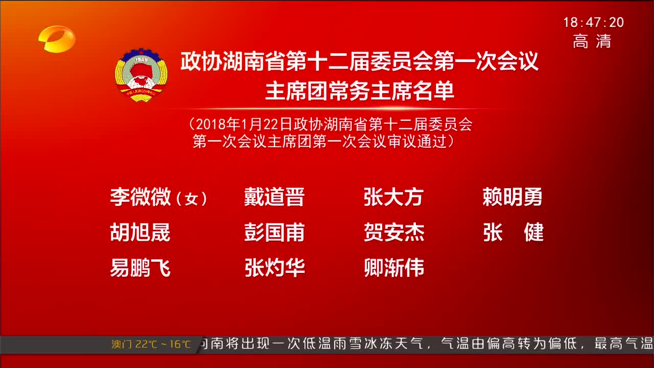 [奋斗吧 新湖南]政协湖南省第十二届委员会第一次会议主席团常务主席名单