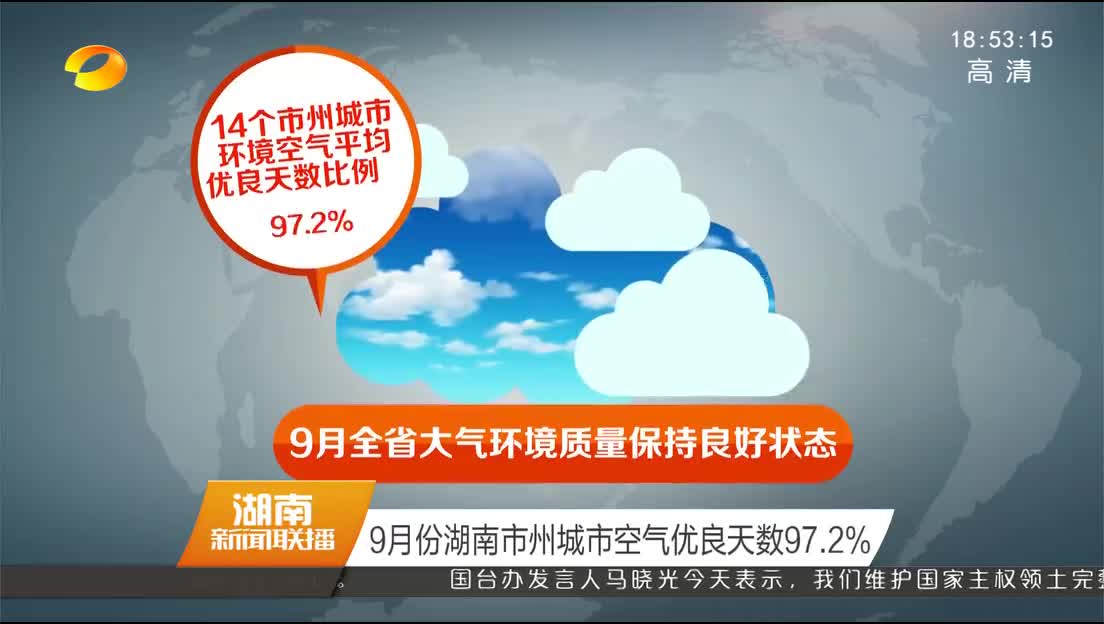 9月份湖南市州城市空气优良天数97.2%