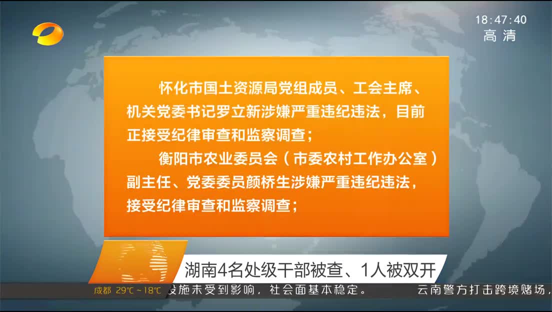 湖南4名处级干部被查、1人被双开