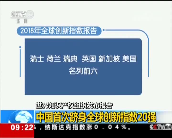 [视频]世界知识产权组织发布报告：中国首次跻身全球创新指数20强