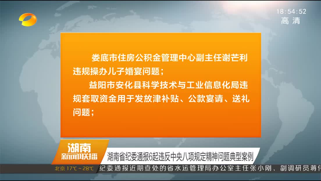 湖南省纪委通报6起违反中央八项规定精神问题典型案例