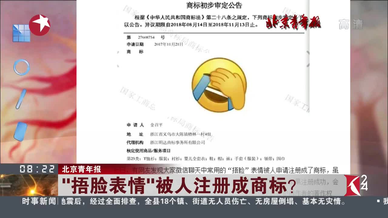 [视频]北京青年报 “捂脸表情”被人注册成商标？