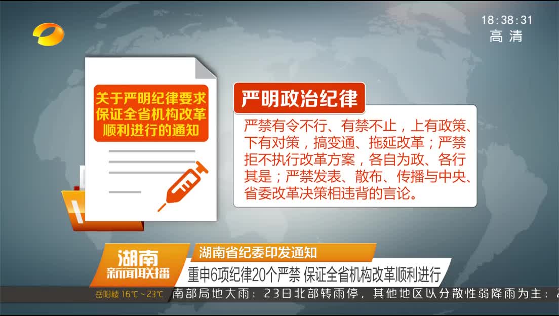 湖南省纪委印发通知 重申6项纪律20个严禁 保证全省机构改革顺利进行